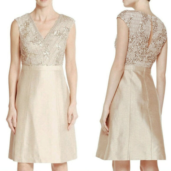 Kay Unger V-neck Sheath Cap Sleeve Dress Size 12 Tan Sequins Pockets NWOT Glam - Picture 1 of 10